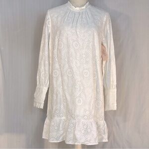 Abigail Zwaans Dress Palm Beach Wht Eyelet Lace BoHo Ruffle Hem Long Sleeve S 👍